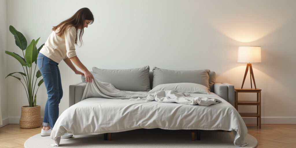 canapé convertible installé dans une chambre de bébé pour les jeunes parents