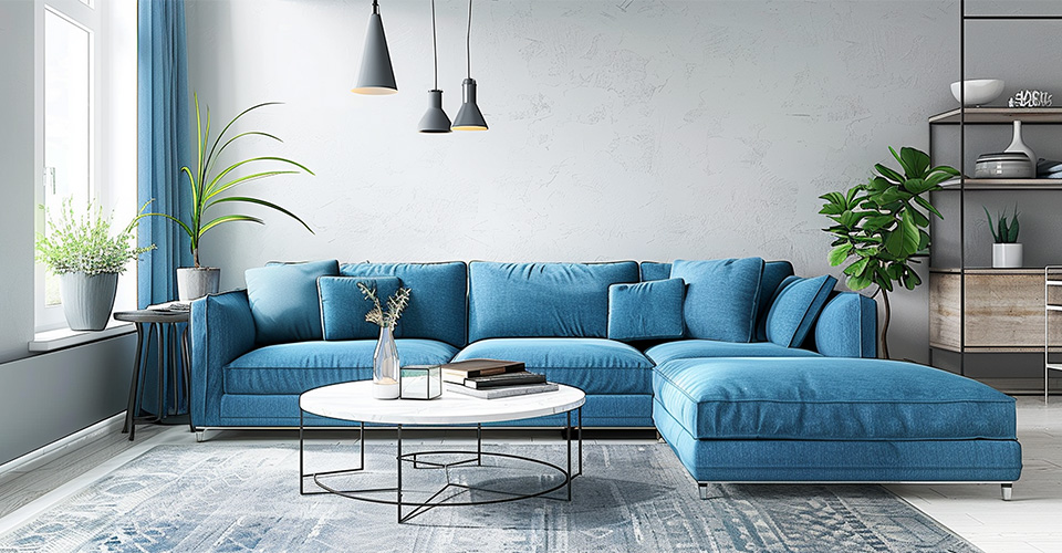 canapé convertible bleu adapté aux familles avec enfants dans un salon lumineux