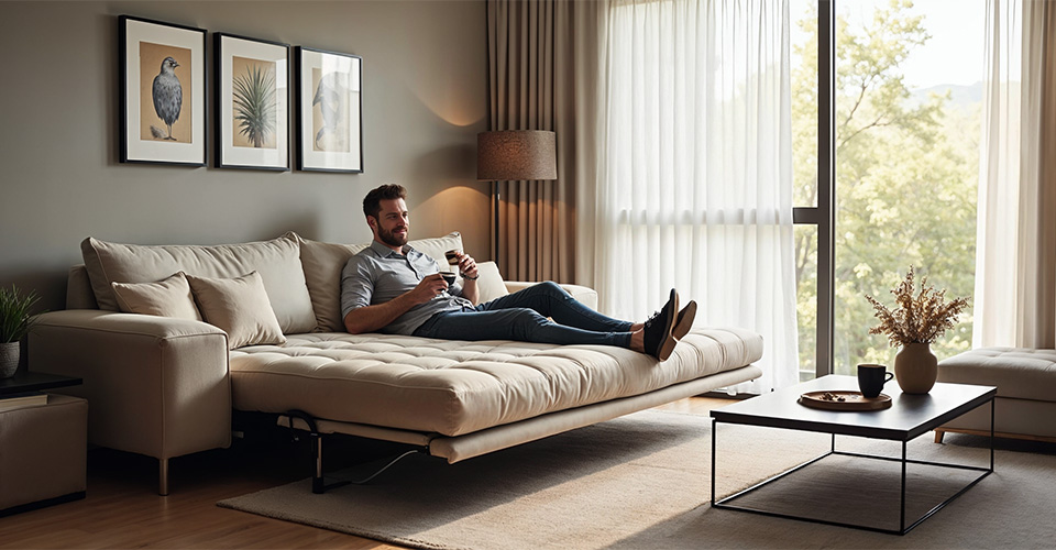 canapé convertible beige style côtier avec coussins bleu marine dans salon bord de mer