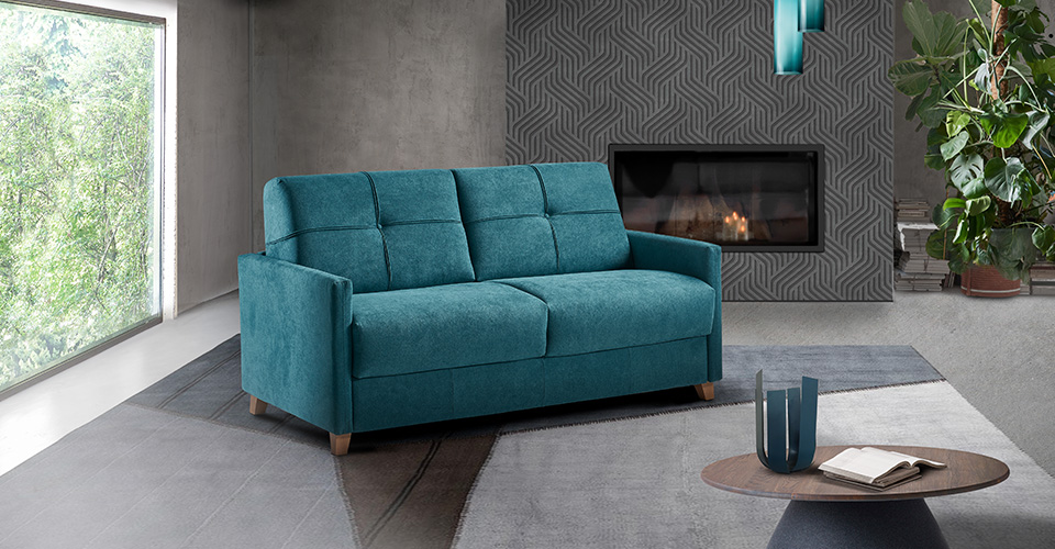 canapé convertible vert moderne avec matelas à mémoire de forme dans salon contemporain