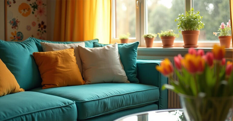 Canapé convertible bleu avec coussins colorés dans un salon lumineux près d’une fenêtre avec plantes en pot