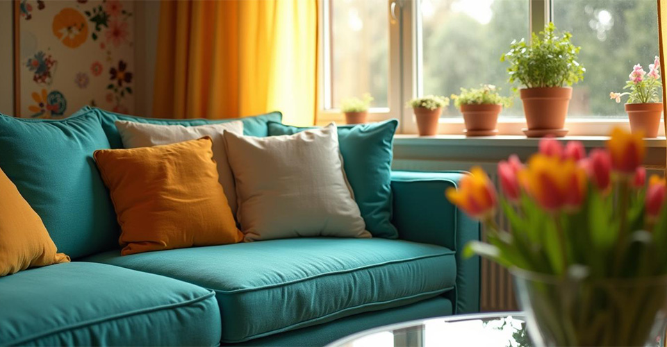 Canapé convertible bleu avec coussins colorés dans un salon lumineux près d’une fenêtre avec plantes en pot