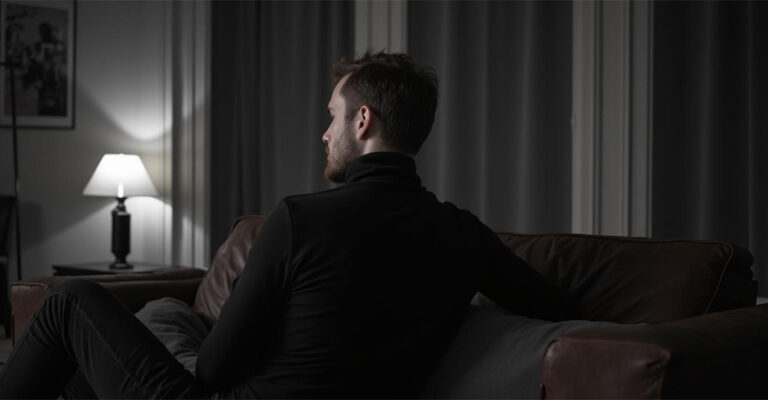 Homme assis sur un canapé convertible dans un salon tamisé avec lampe allumée en arrière plan