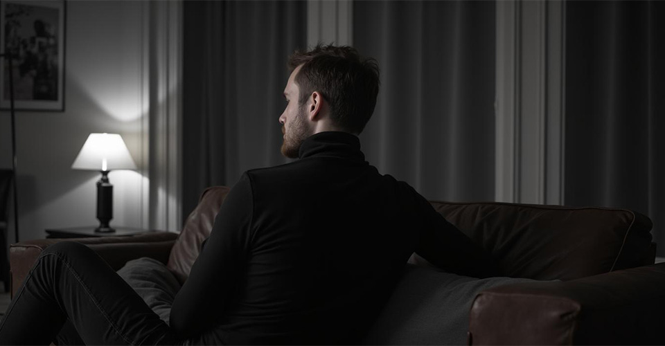 Homme assis sur un canapé convertible dans un salon tamisé avec lampe allumée en arrière plan