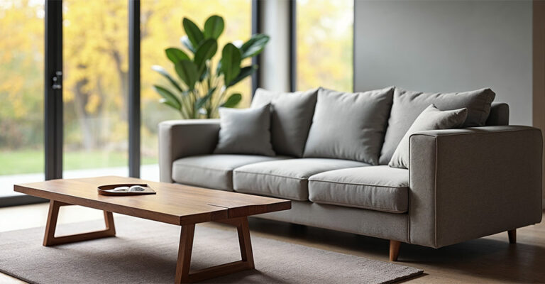 Canapé convertible gris clair avec coussins assortis dans un salon moderne avec grande baie vitrée et table basse en bois