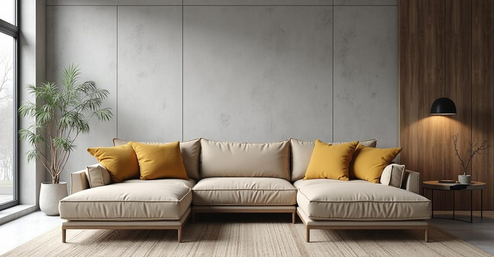 Canapé d’angle convertible beige avec coussins jaunes dans un salon moderne aux murs en béton et bois