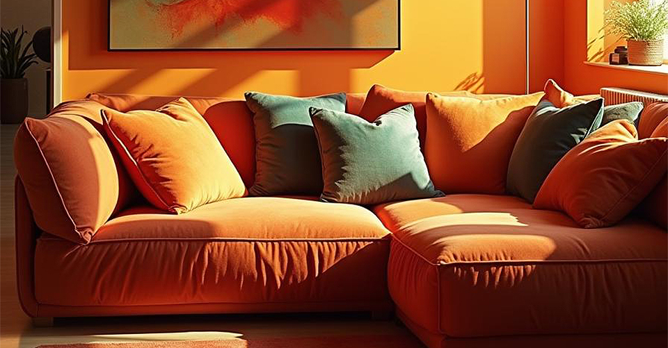 Canapé d’angle convertible terracotta avec coussins colorés dans un salon moderne aux murs orange lumineux