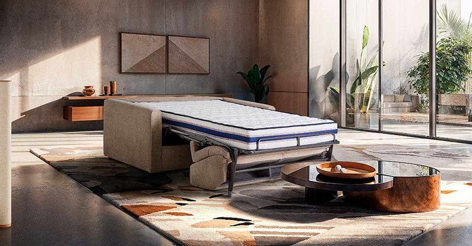 canapé convertible avec matelas épais et literie de qualité dans un salon élégant