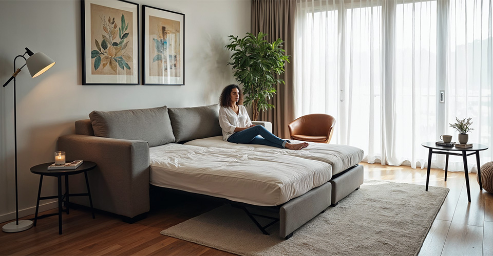comparaison entre un canapé convertible et un lit pliant dans un appartement moderne